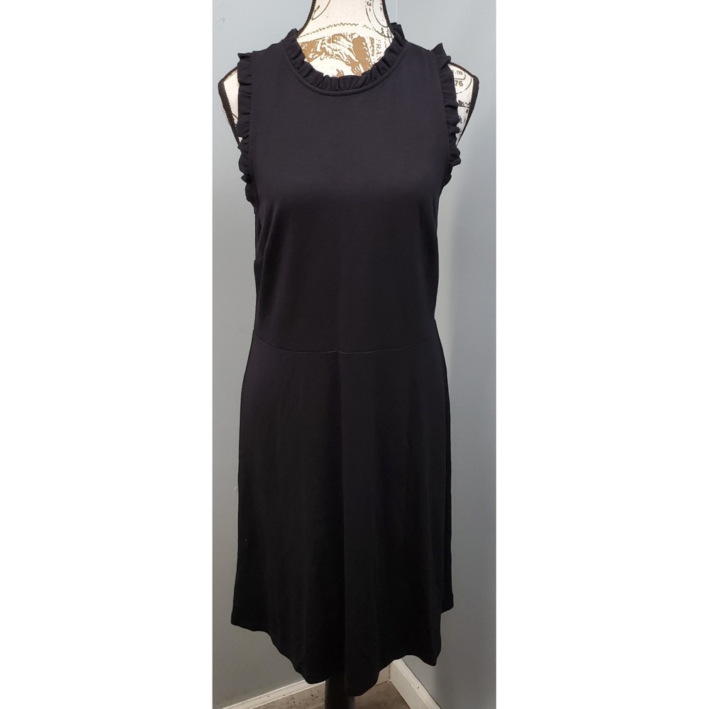 LOFT Sheath Dress Womens 8 Black Stretch Career Ruffle Trim Sleeveless Back Zip